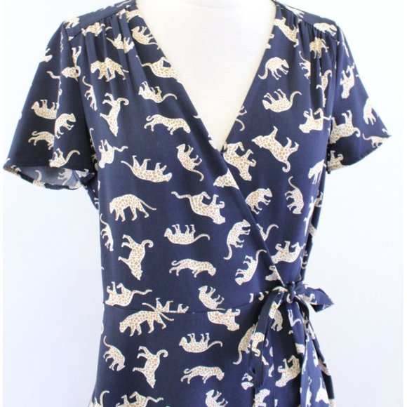 J Crew Navy Leopard Tie Wrap Dress - Picture 1 of 5